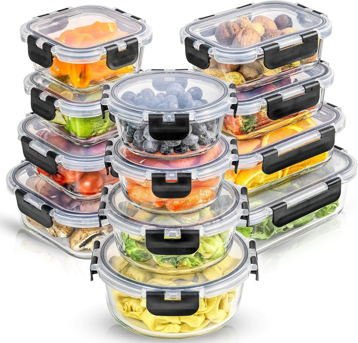 JoyJolt 24pc Borosilicate Glass Storage Containers with Lids | 12 Airtight/Freezer Safe Food Storage Containers for Pantry and Kitchen | Meal Prep Container for Lunch | Glass Tupperware Set