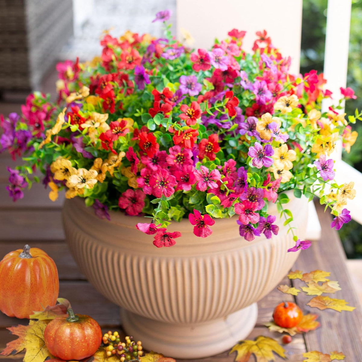 Artificial Flowers for Outdoor Indoor Garden Home Decoration, Faux Flower Daisy with Eucalyptus Leaves Fake Plants Greenery Boxwood Porch Patio, 12 Bundles (Mix Pink Red Purple Yellow)