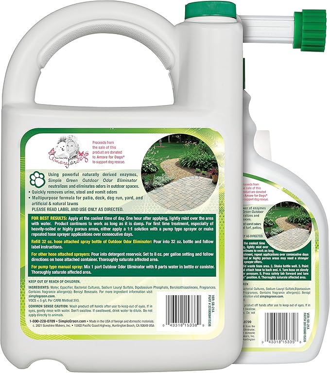 Simple Green Outdoor Odor Eliminator for Pets, Dogs, Ideal for Artificial Grass & Patio (32 oz Hose End Sprayer & 1 Gallon Refill)