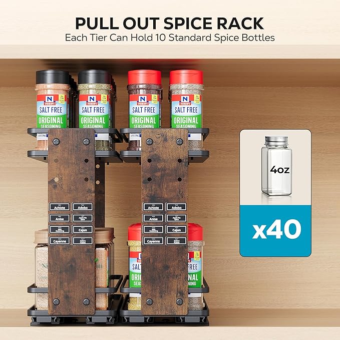Nieifi Pull Out Spice Rack Organizer, 2 Tiers, Wood Grain, Spice Organization for Cabinet, Height Adjustable, Easy to Install
