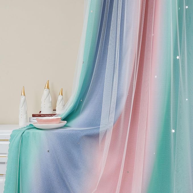 XiDi Curtains for Bedroom Decor, Rainbow Pinkgreen grey52/96