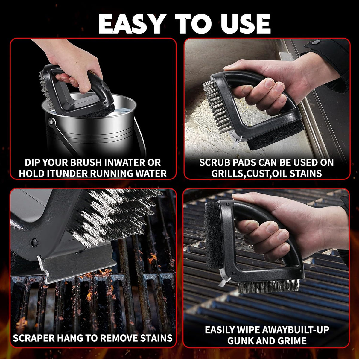 RELHP 4-in-1 Grill Brush [Bristle-Free Sponge Pad & Wire] Combined BBQ Brush,Ultra Safe & Heavy-Duty Grill Cleaner for Outdoor Grill Grill Brush and Scraper Grill Accessories Gifts for Men/Dad
