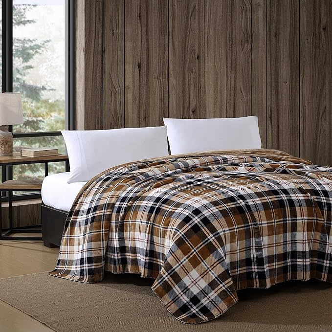 Eddie Bauer - Twin Blanket, Reversible Plush Bedding, Plaid Home Decor, Oeko-Tex Certified (Tralhead Plaid Beige, Twin)