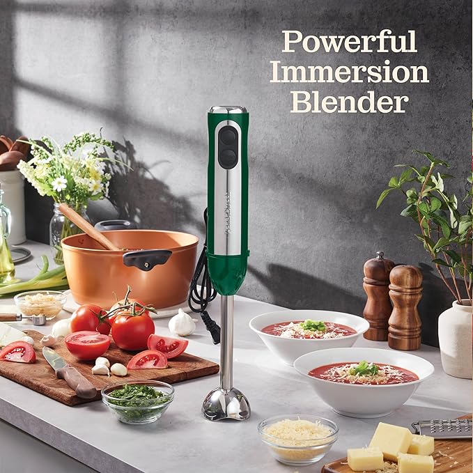 Powerful Immersion Blender, Electric Hand Blender 500 Watt with Turbo Mode, Detachable Base. Handheld Kitchen Blender Stick for Soup, Smoothie, Puree, Baby Food, 304 Stainless Steel Blades (Green)