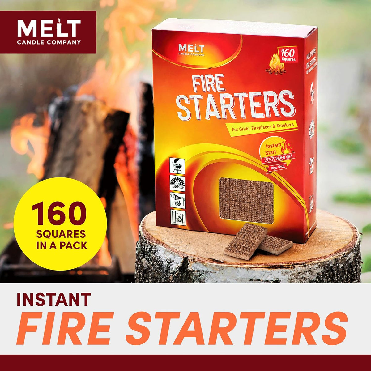 Melt Candle Company Fire Starter Squares, 160 Pieces - Fire Starters Kit for Campfires, Grill, Outdoor Fire Pit, Fireplace, BBQ - Water Resistant & Odorless - Camping Accessories
