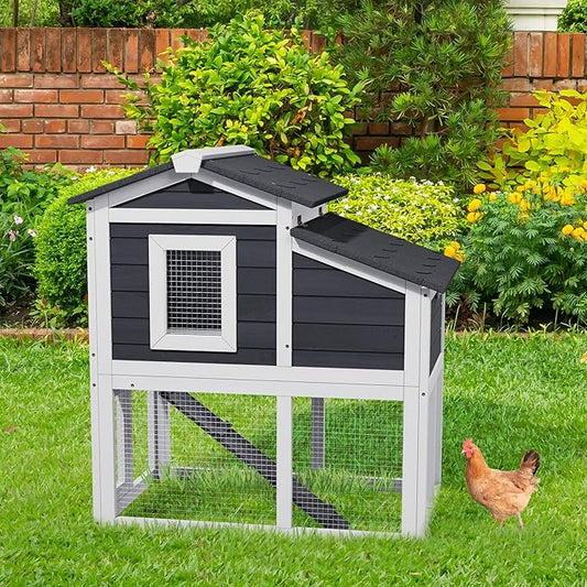 Wooden Chicken Coops with Nesting Boxes Indoor Outdoor, Small Chicken Coop for 2 Chickens, Bunny House Rabbit Hutch Poultry Pet Run Cage with Waterproof Roof, Stairs&Removable Tray