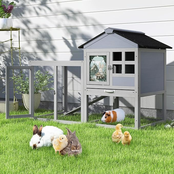 48" L Large Rabbit Hutch Outdoor Indoor, Expandable 2-Story Wooden Bunny Cage with Run, Removale Tray, 3 Entrances, Grey + Colorful Pattern