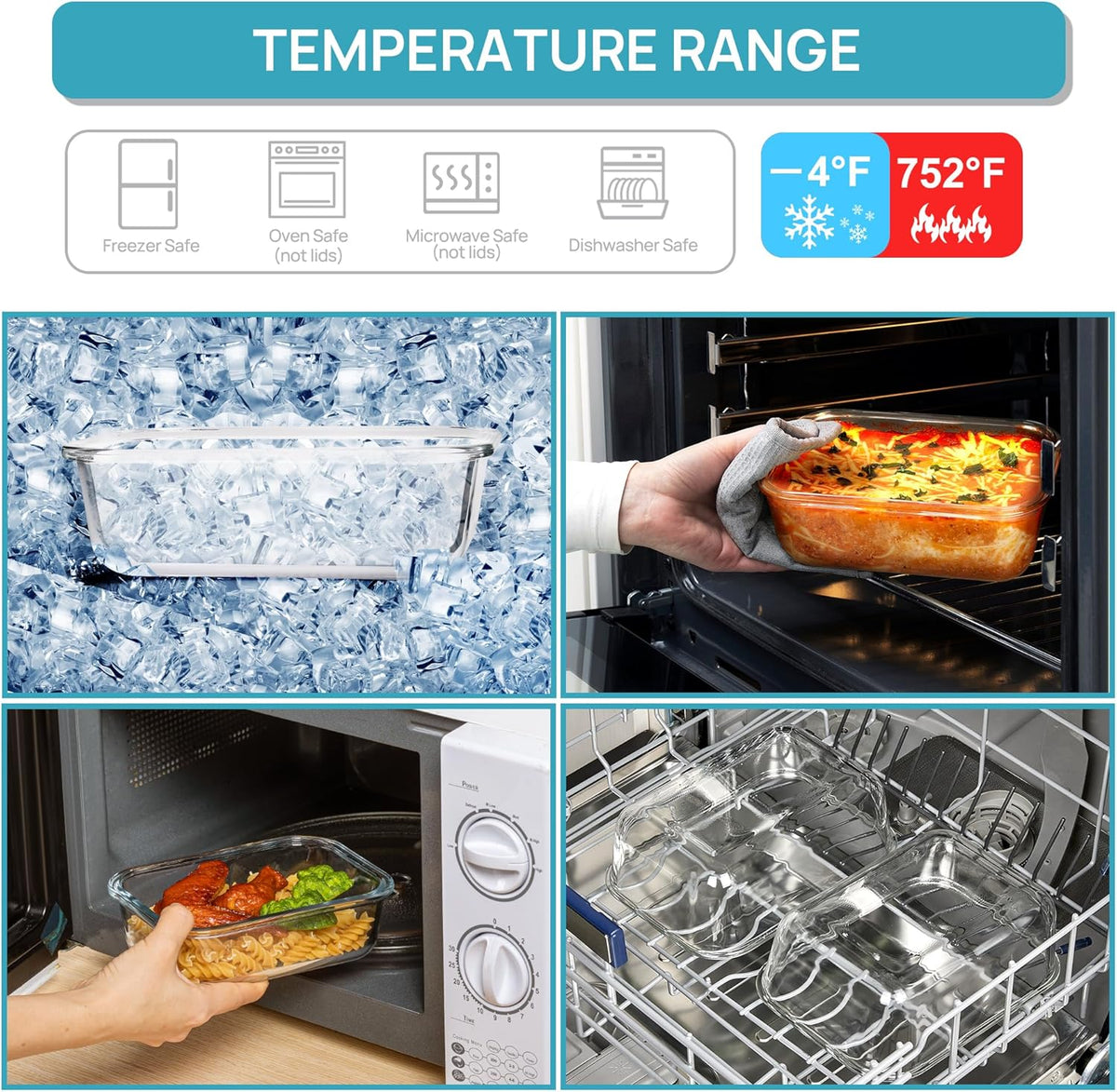 Vtopmart 2Pack 1860ml/63oz Large Glass Storage Containers with Lids, Meal Prep Food Container Set with Snap Airtight Lid for Baking, Microwave, Oven, Leak Proof, for Freezer, Dishwasher, Grey