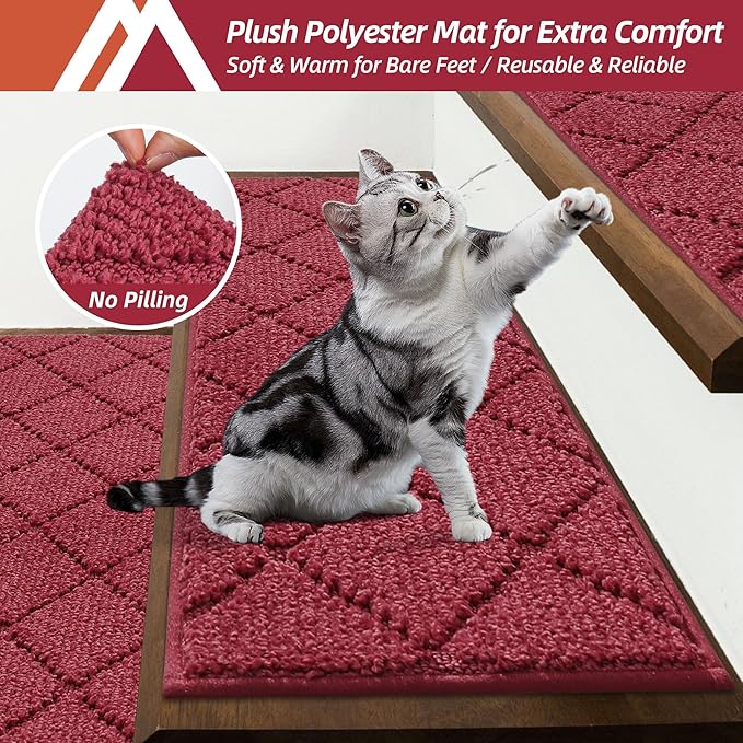 COSY HOMEER Edging Stair Treads Non-Slip Carpet Mat 28inX9in Indoor Stair Runners for Wooden Steps, Edging Stair Rugs for Kids and Dogs, 100% Polyester TPE Backing (15pc, Red)