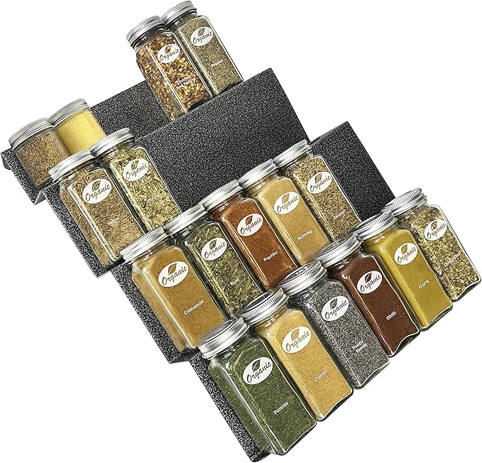 LYNK PROFESSIONAL® Spice Drawer Organizer - Heavy Gauge Steel 4 Tier Rack - Drawer Insert Tray for Spice Jars, Herbs and Seasoning - Kitchen Cabinet Storage - Silver Metallic, Medium