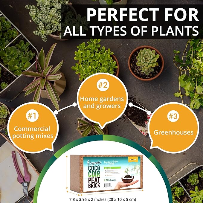 Coco Coir Bricks 5-Pack (650g Each) – Peat-Free Coconut Coir/Peat, Low EC & pH Balanced, High Expansion Seed Starter for Potting Mix, Hydroponics, Mushroom Substrate & Reptile Bedding