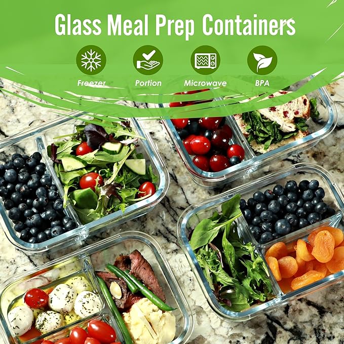 FIT Strong & Healthy 2 and 3 Compartment Glass Meal Prep Containers – Glass Bento Box for Adults, Portion Control, Food Storage, Lunch Container, Oven & Freezer Safe, Leak-Proof, 32 oz, Gray, 4 Pack