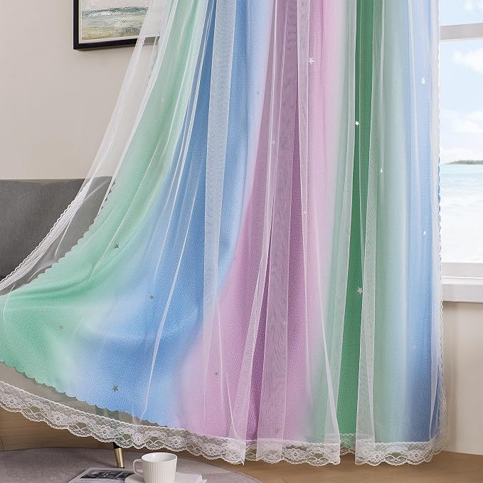XiDi Curtains for Bedroom Decor, Rainbow Green PurpleBlue52/45/1