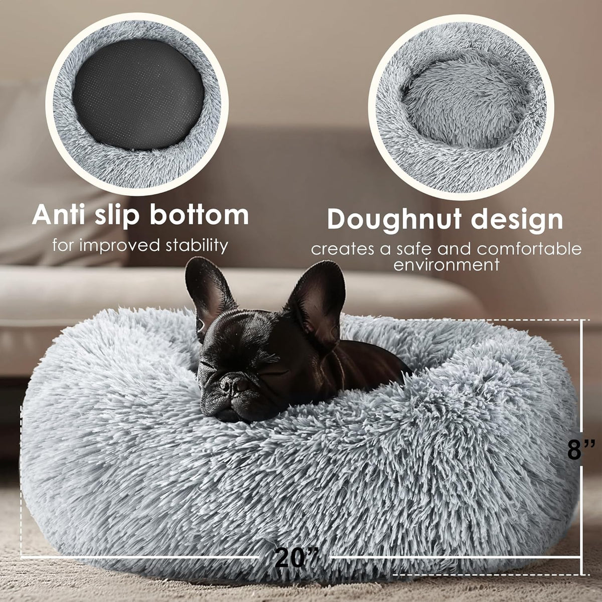 Hoewina Dog & Cat Bed for Indoor Cats, 20in Calming Donut Bed for Puppy and Kitten, Washable Round Fluffy Pet Bed for Small Medium Dogs and Cats (Light Grey)