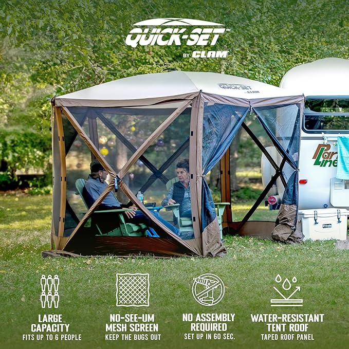 CLAM Pop Up Screen Tent, Outdoor Camping Gazebo Canopy, Venture, 9' x 9', Brown