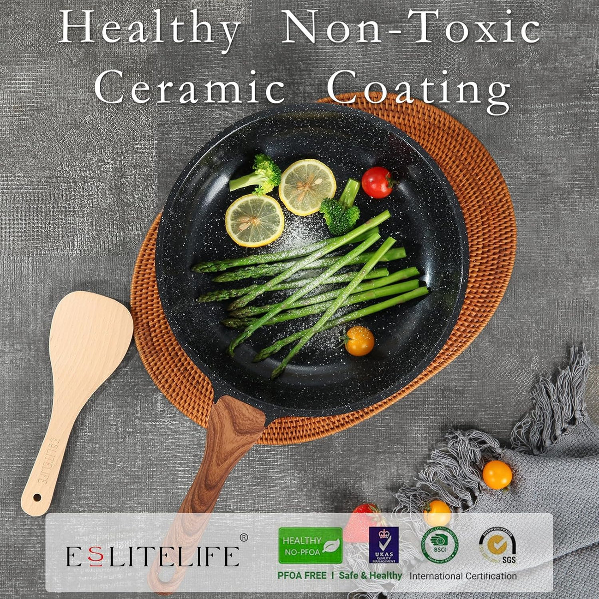 ESLITE LIFE Nonstick Ceramic Frying Pan Skillet, Non-Toxic Egg Omelette Kitchen Cooking Pans Compatible with All Stovetops (Gas, Electric & Induction), PTFE & PFOA Free (Black, 8'')