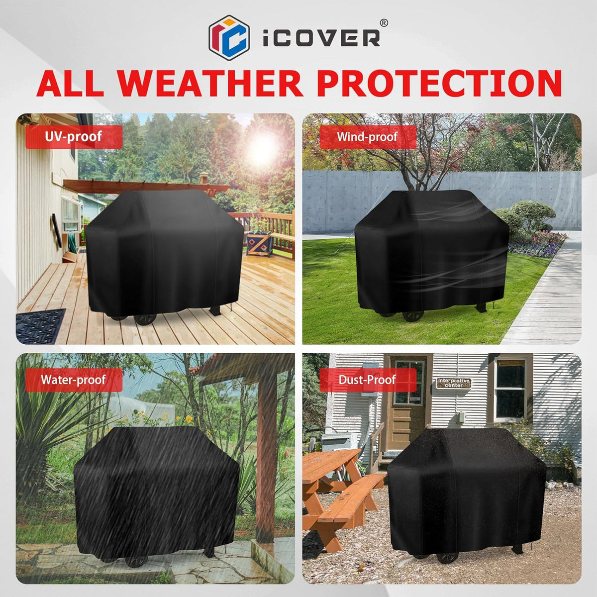 iCOVER Grill Cover, 58 inch BBQ Grill Cover for Outdoor Grill, Anti-UV & Fade Resistant Gas Grill Cover, Waterproof Barbecue Grill Covers for Weber, Char-Broil, Nexgrill and More, Black