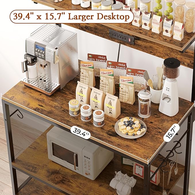 SUPERJARE Bakers Rack with Power Outlets, Microwave Stand, 39.4 X 14.3 Inch Larger Desktop, Kitchen Storage Rack with Adjustable Middle Shelf, 6 S-Shaped Hooks, Coffee Bar Stand, Rustic Brown
