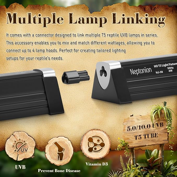 T5 Reptile UVB Light 34.5 Inches Fixture with UVB 10.0 Bulb High Output Hood for Terrariums, Basking Reptiles, Lizards, Chameleons, Iguanas, Bearded Dragons, 39W