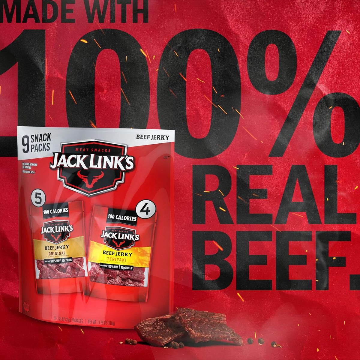 Jack Link's Beef Jerky Variety Pack - Includes Original and Teriyaki Jerky, Bulk Protein Snack Pack, Good Source of Protein, Meat Snacks Made with 100% Beef, Individual Bags - 1.25 Oz (Pack of 9)