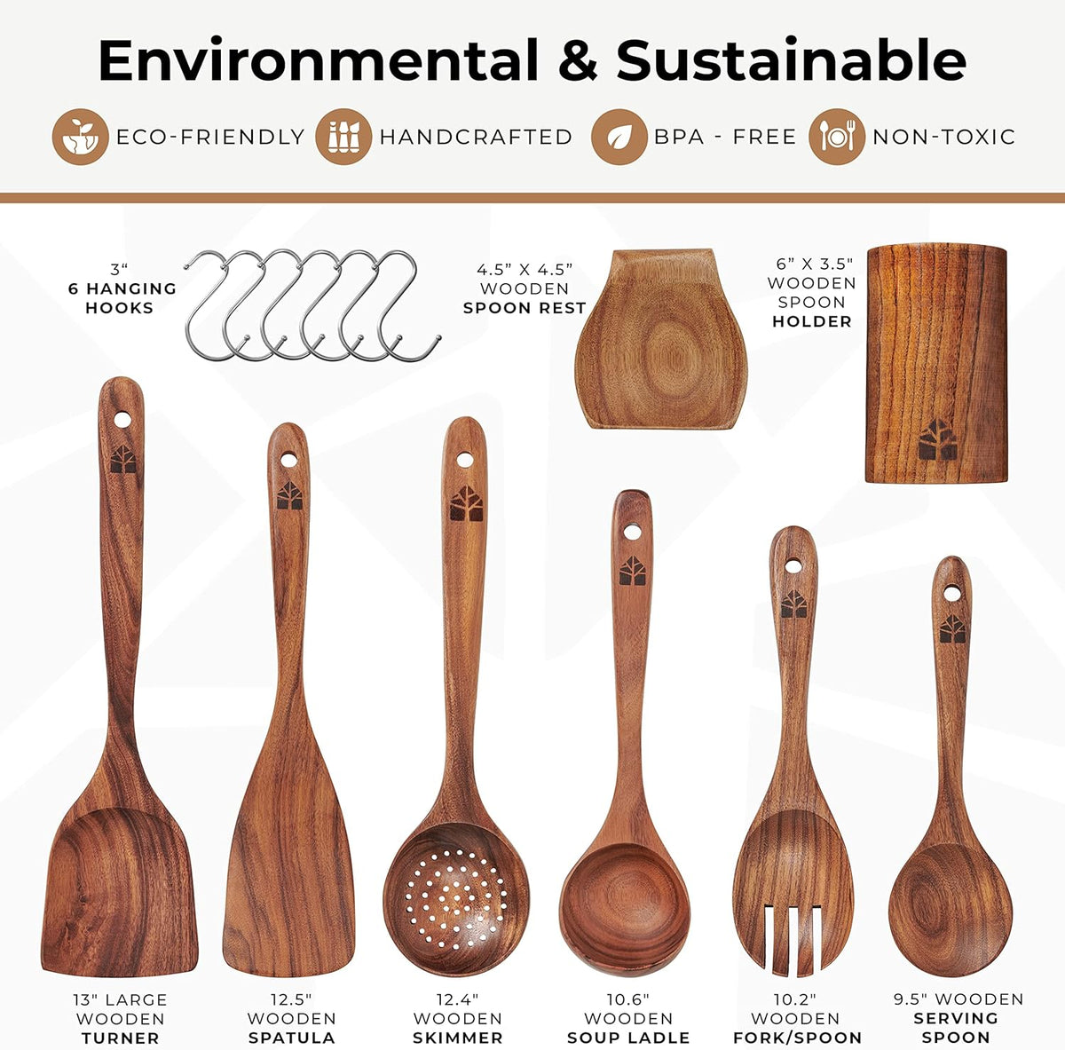Wooden Utensil Set 8 Pcs – Sturdy & Easy to Clean, Natural Teak Wooden Spoons for Cooking – Non-Scratch Cooking Utensils with Spatula, Turner, Ladle, Spoons, Holder, Spoon Rest, 6 Hooks Kitchen Gifts