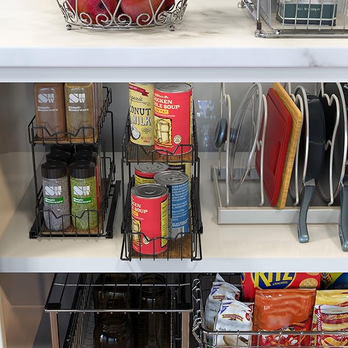 Simple Houseware 2-Tier Spice Rack Slide Out Wire Basket Drawer Organizer, Black
