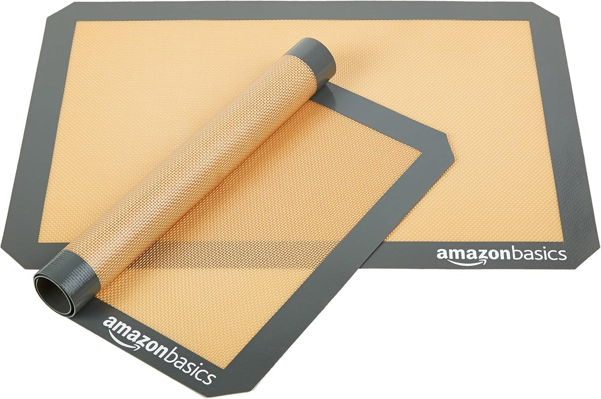 Amazon Basics Silicone Rectangular Baking Mat, Non-Stick Reusable Oven Bakeware, 16.5" x 11.6", New Beige/Gray, Pack of 2