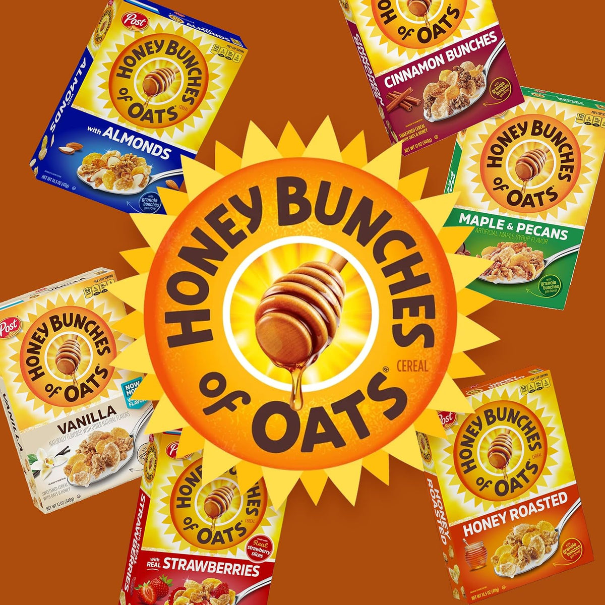 Honey Bunches of Oats with Almonds Breakfast Cereal, Honey Cereal with Granola Clusters and Sliced Almonds, Family Size, 18 OZ Box