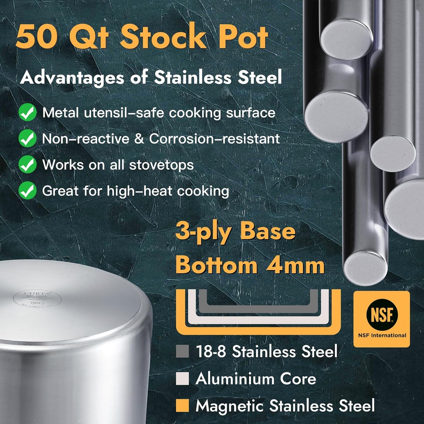 CURTA 50 Quart Large Stock Pot with Lid, NSF Listed, Induction Ready, 3-Ply Clad Base, 18/8 Stainless Steel Cooking Pot, Commercial Cookware for Soup, Stew & Sauce, Riveted Silicone Handle