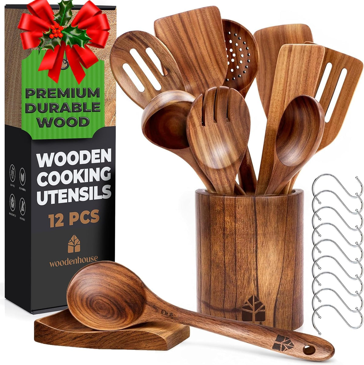 Wooden Utensil Set 8 Pcs – Sturdy & Easy to Clean, Natural Teak Wooden Spoons for Cooking – Non-Scratch Cooking Utensils with Spatula, Turner, Ladle, Spoons, Holder, Spoon Rest, 6 Hooks Kitchen Gifts