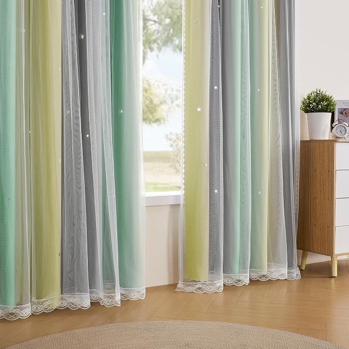 XiDi Curtains for Bedroom Decor, Rainbow GreenYellowGrey52/54/1