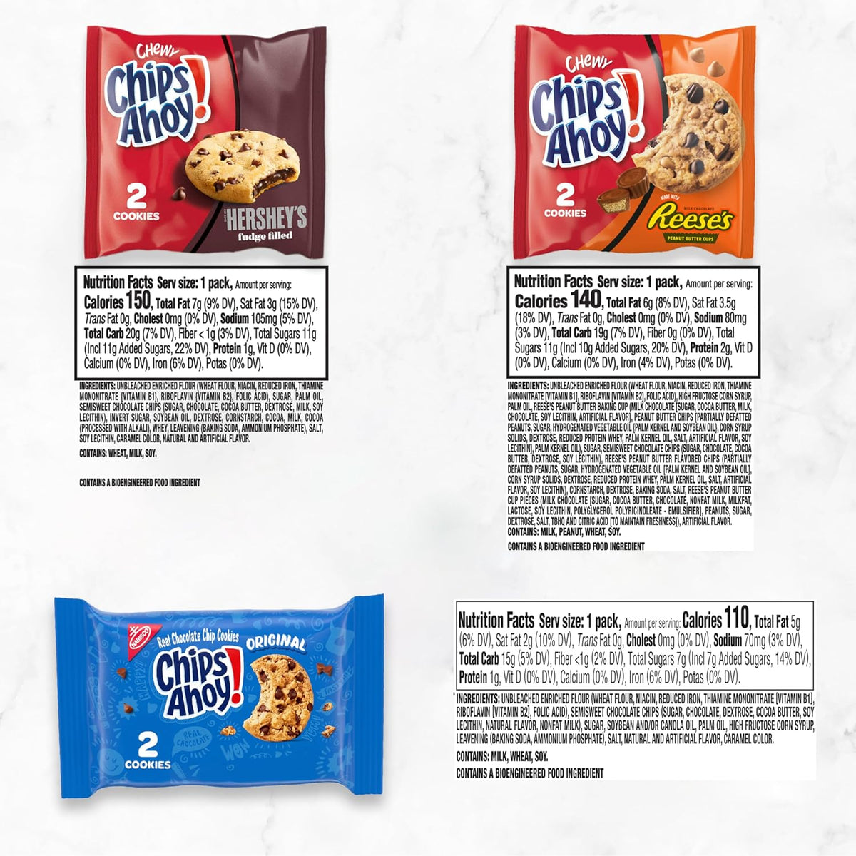 CHIPS AHOY! Cookies Variety Pack, Original Chocolate Chip, Chewy Chocolate Chip with Reese's Peanut Butter Cups & Chewy Hershey's Fudge Filled Soft Cookies, 50 Snack Packs