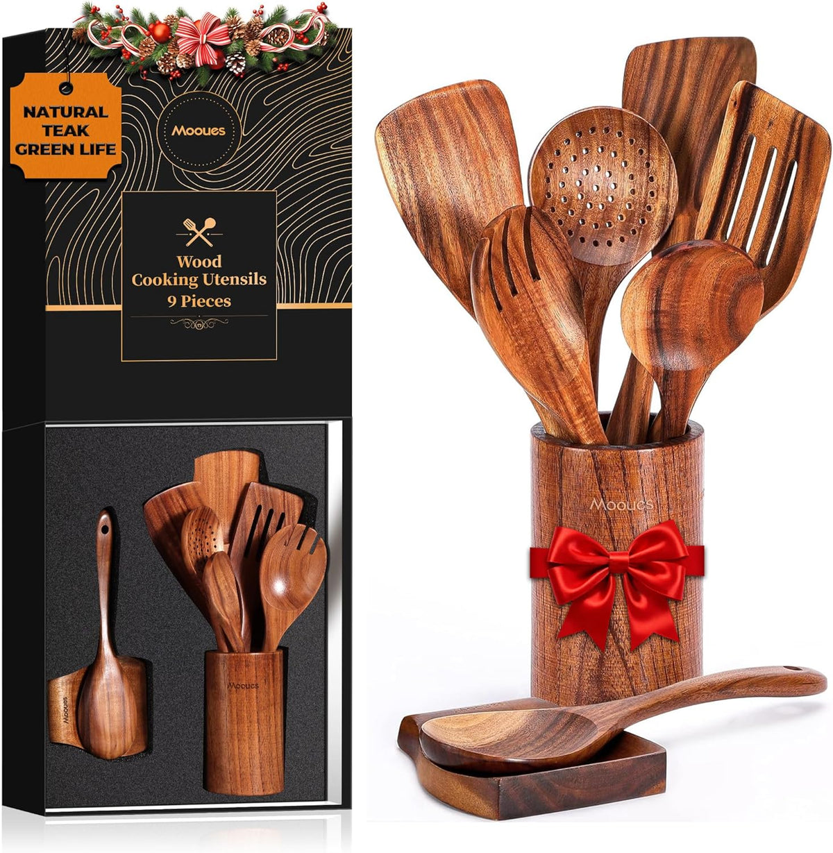 9‑Piece Natural Teak Wooden Kitchen Utensil Set with Spoon Rest and Holder