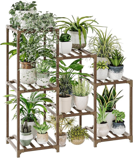 Bamworld Plant Stand Indoor Plant Shelf Outdoor Wood Plant Rack for Multiple Plants 3 Tiers Ladder Plant Holder for Living Room Patio Boho Home Decor for Gardening