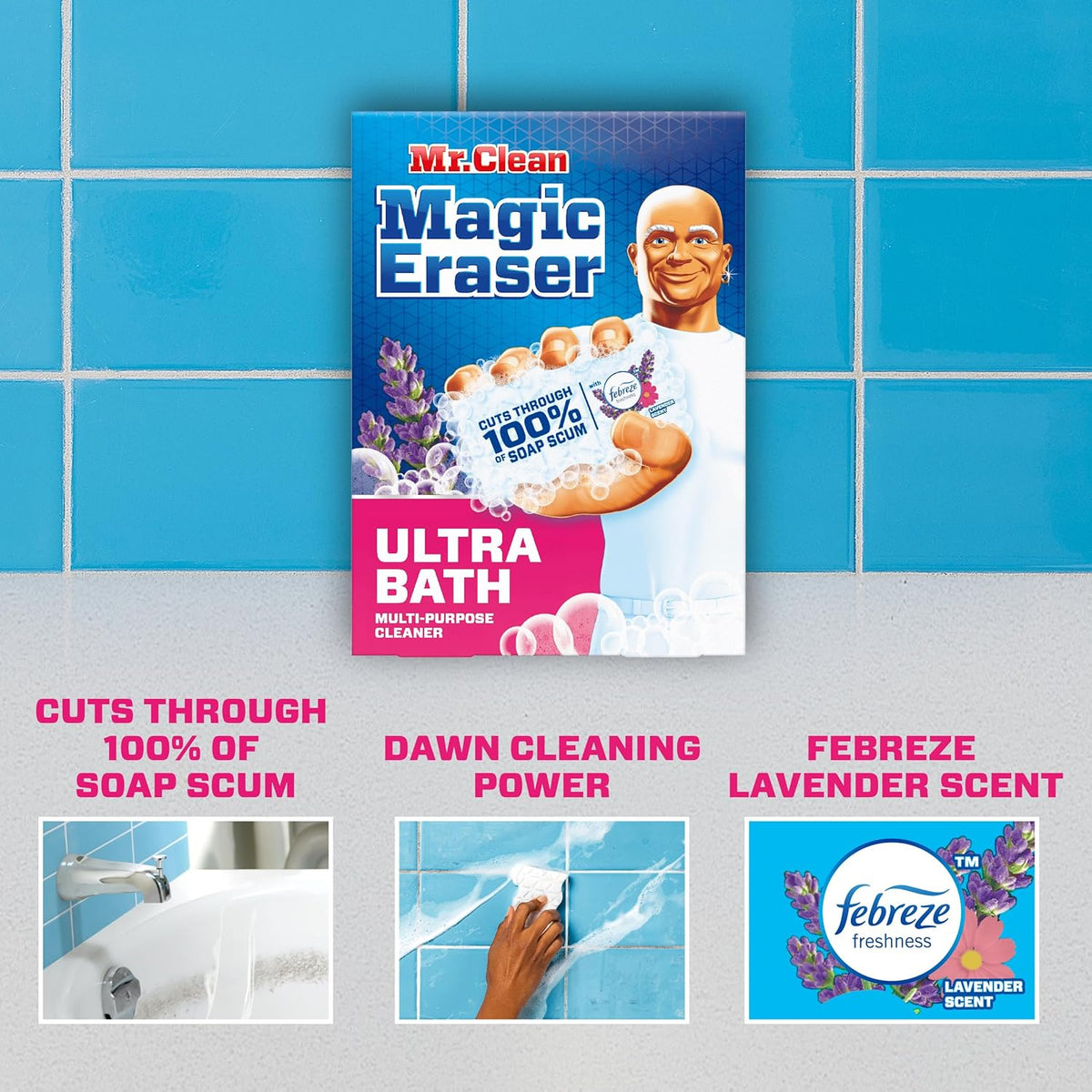 Mr. Clean Magic Eraser Sponge, Bathroom Cleaner, Shower Cleaner, Tub Cleaner, Soap Scum Remover, Bathroom Cleaning Supplies, Dawn Cleaning Power with Febreze Lavender Scent, Ultra Bath, 5ct