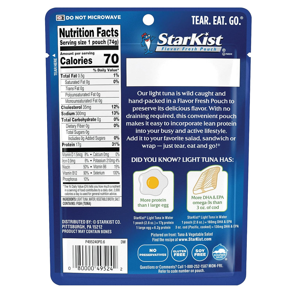 StarKist Chunk Light Tuna in Water, 2.6 oz Pouch (12 Pack) Ready to Eat Wild Caught Tuna, 17g Protein, 70 Calories Per Serving, Gluten Free, Soy Free, Kosher, Perfect for Salads, Keto Meals and Snacks