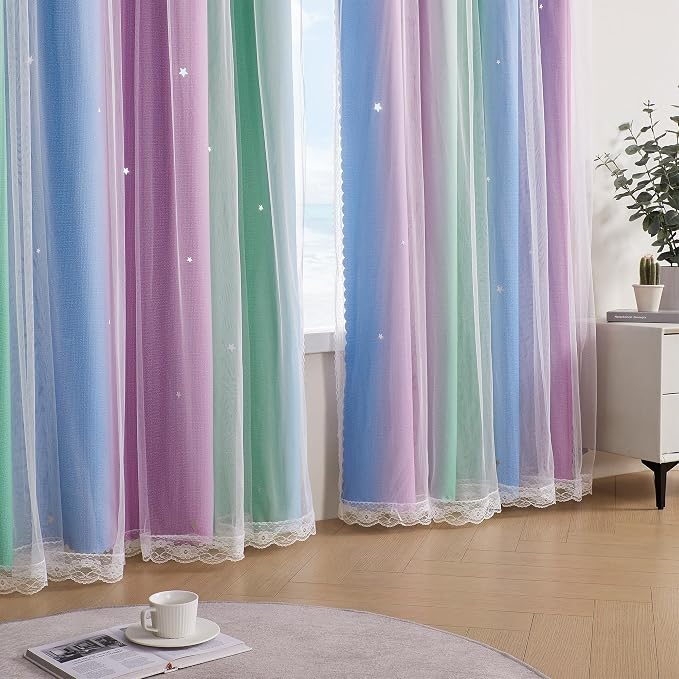 XiDi Curtains for Bedroom Decor, Rainbow Green PurpleBlue34/54/1