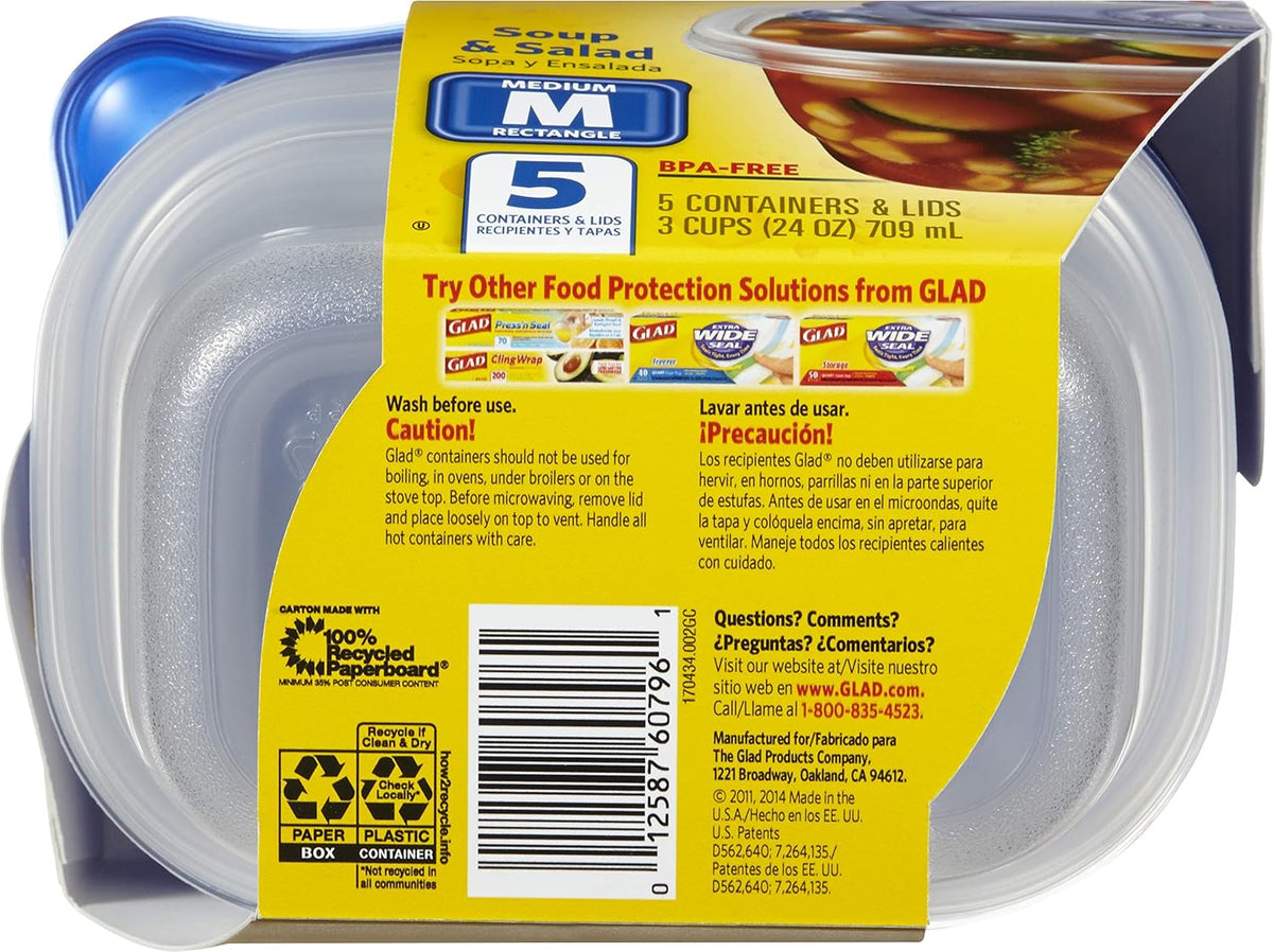 GladWare Soup & Salad Everyday Use, Medium Rectangle Storage, Standard, 24 Oz, 5 Count