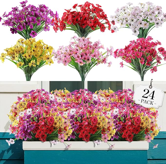 24 Bundles Artificial Flowers for Outdoor,No Fade Fake Plastic Flowers Faux Plants for Decoration Hanging Planters Indoor Outside Garden Porch Window Box Home Wedding Farmhouse
