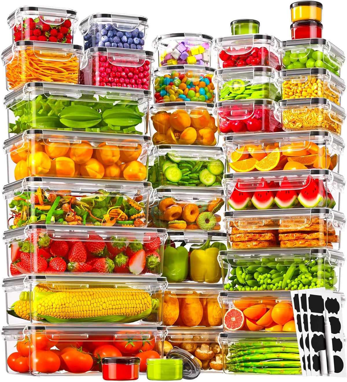 60 PCS Food Storage Containers with Lids, BPA-Free Plastic Food Containers for Kitchen Storage, Leak Proof, Reusable Meal Prep Containers with Labels & Pen
