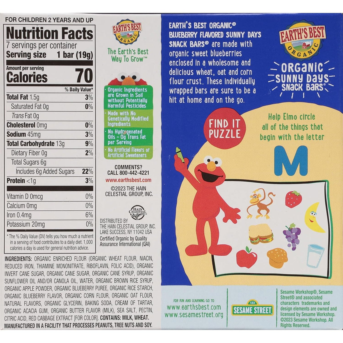 Earth's Best Organic Kids Snacks, Sesame Street Toddler Snacks, Organic Sunny Days Snack Bars for Toddlers 2 Years and Older, Blueberry with Other Natural Flavors, 7 Bars Per Box