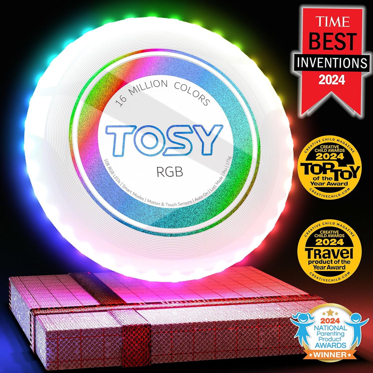 TOSY Flying Disc - 108 RGB Multicolor or 36 Monocolor LEDs, Super Bright, Smart Modes, Christmas Stocking Stuffers Gift, Camping Toy for Kid/Teen/Adult, Auto Light Up, Rechargeable, Waterproof, 175g