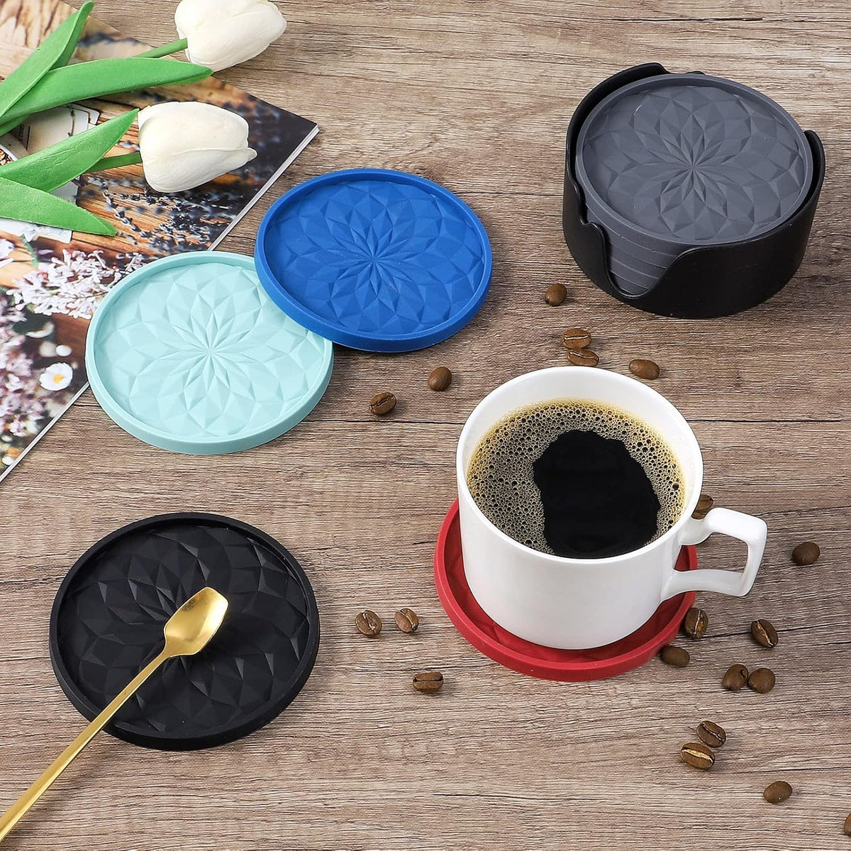 ME.FAN Silicone Coasters with Holder,[6 Pack] Drinking Coasters - Cup Mat for Hot or Cold Drinks, Thickened, Non-Slip, Non-Stick,Deep Tray Black