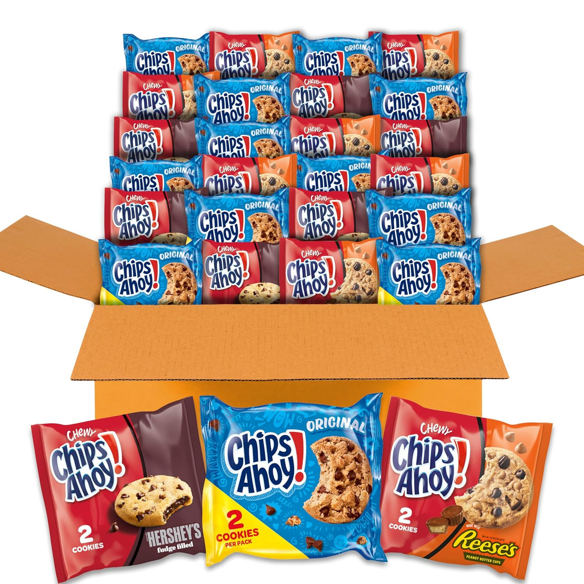 CHIPS AHOY! Cookies Variety Pack, Original Chocolate Chip, Chewy Chocolate Chip with Reese's Peanut Butter Cups & Chewy Hershey's Fudge Filled Soft Cookies, 50 Snack Packs