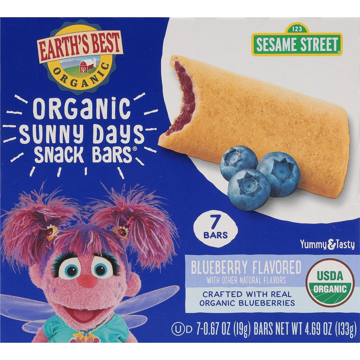 Earth's Best Organic Kids Snacks, Sesame Street Toddler Snacks, Organic Sunny Days Snack Bars for Toddlers 2 Years and Older, Blueberry with Other Natural Flavors, 7 Bars Per Box