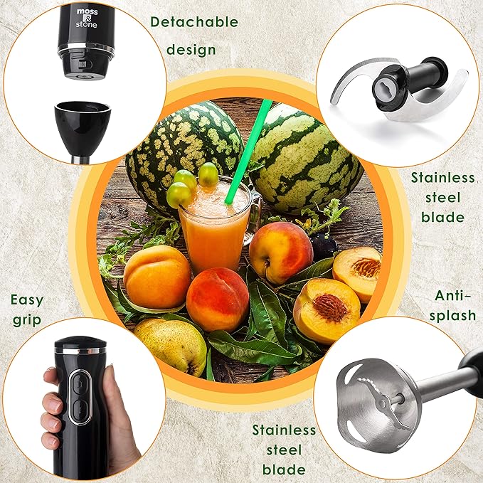 Moss & Stone Electric Hand Blender Set, 300W Immersion Hand Blender with Whisk and Chopper, Stainless Steel Shaft and Blades, 2-Speed Handheld Mixer with Ergonomic Grip, Black