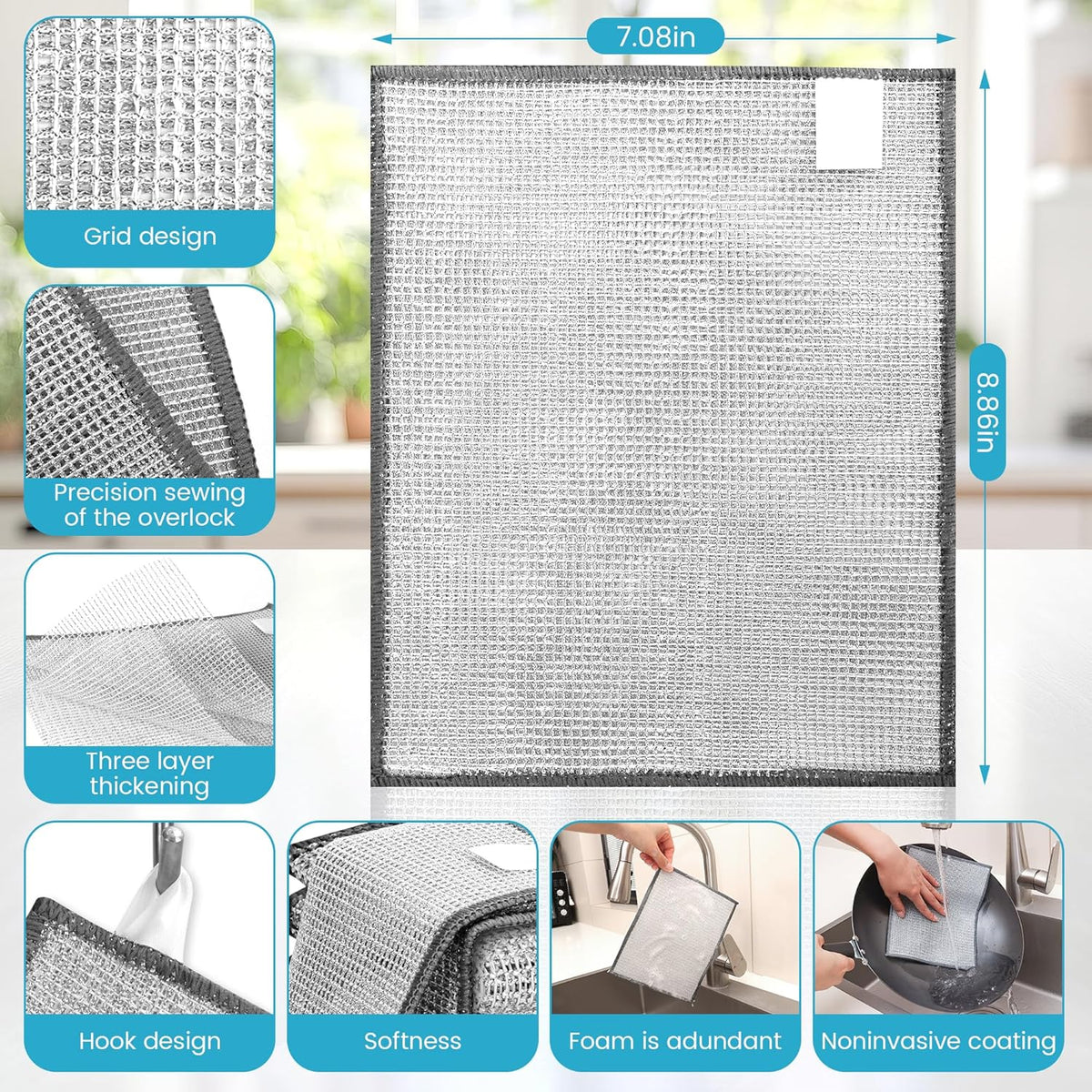 Forggon12 Pcs New Upgrade 3-Layer Metal Dish Cloth, No Scratches and No Odor, Multipurpose Wire Dishwashing Rag for Wet and Dry, Kitchen Cleaning DishRags,Sinks,Dishes,Stove Top, Dimensions(7.08X8.86)