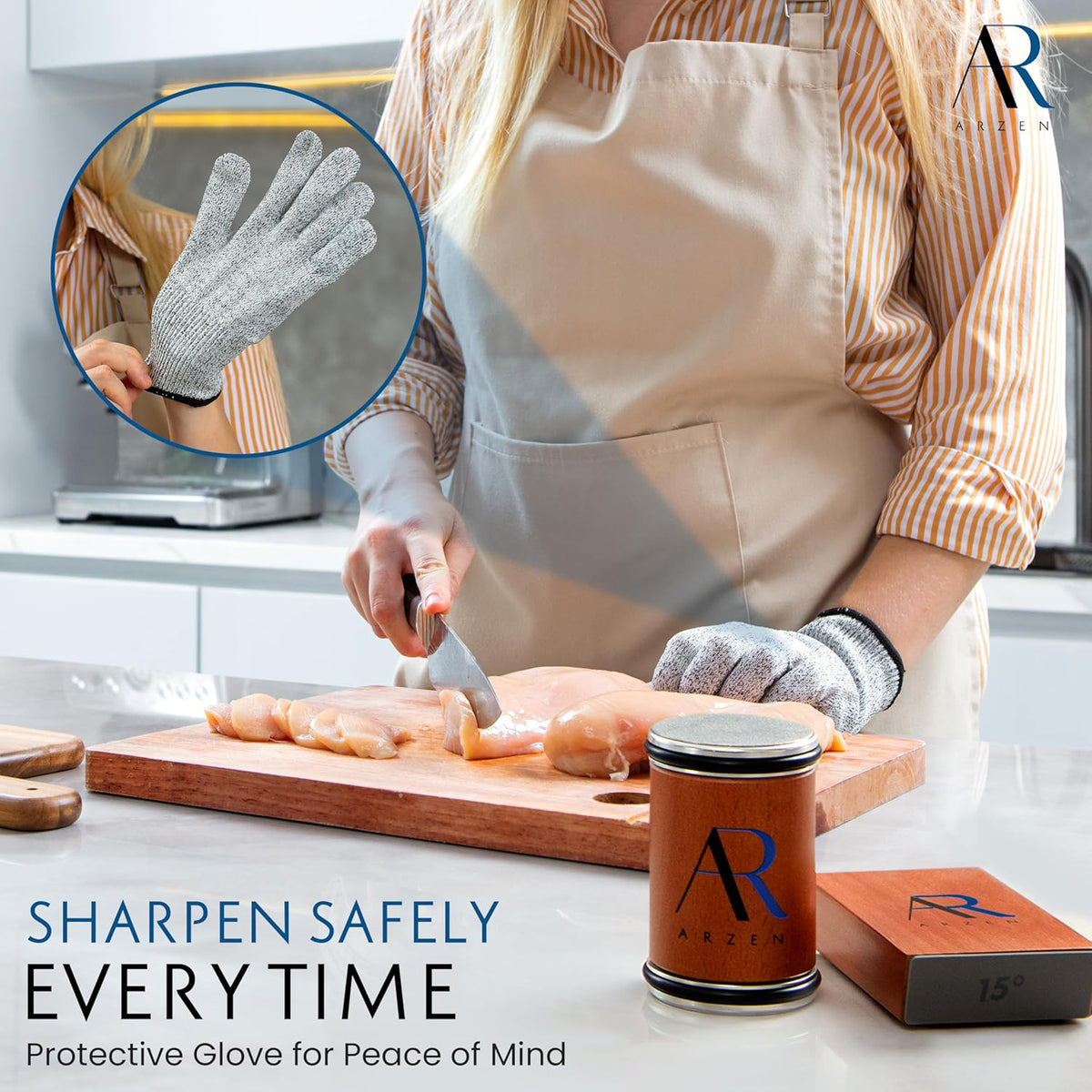 ARZEN Professional Rolling Knife Sharpener with Anti Cut Gloves – Kitchen Knife Sharpener with Magnetic 15° & 20° Angle Base, Replaceable Diamond & Ceramic Discs – Easy Knife Sharpening Tools