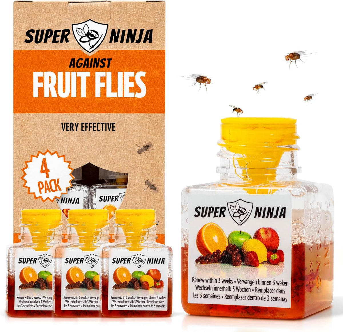 Super Ninja Fruit Fly Traps for Indoors - 4 Pack, Highly Effective Fruit Fly Catcher for Indoor Use for Home & Kitchen, Up to 3 Weeks of Performance per Bottle, Kid & Pet Friendly