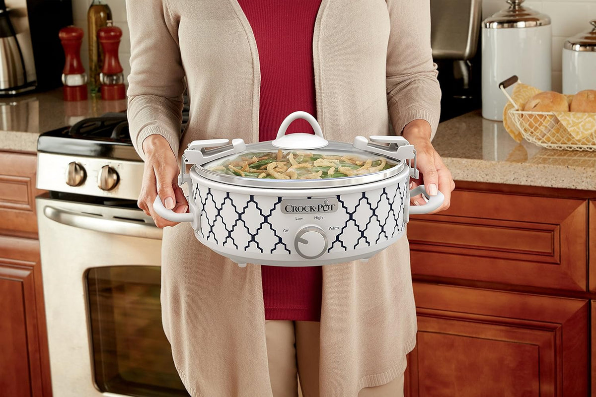 Crock-Pot Small 2.5 Quart Casserole Slow Cooker in White/Blue, Enjoy Eye-Catching Quick Meals, Durable and Compact